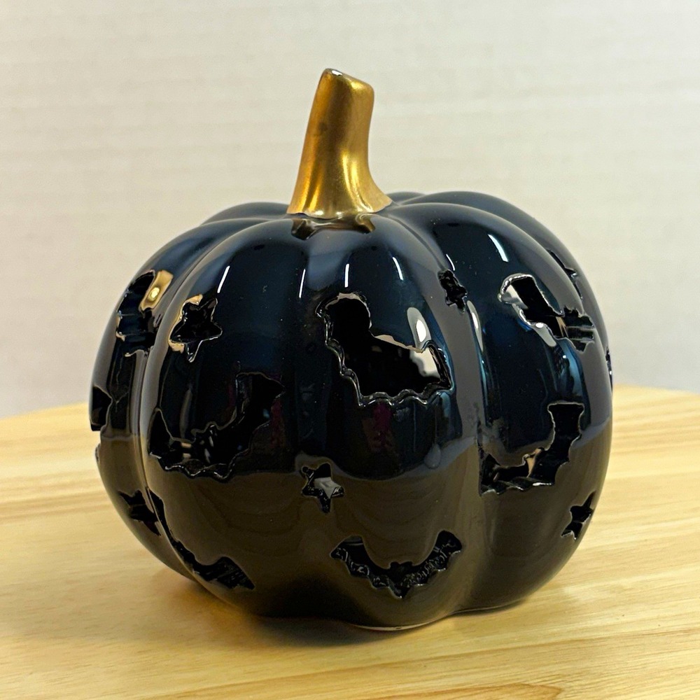 Ceramic Pumpkin Light Bat & Star Cutouts Black/Gold Battery Powered Indoor 5in